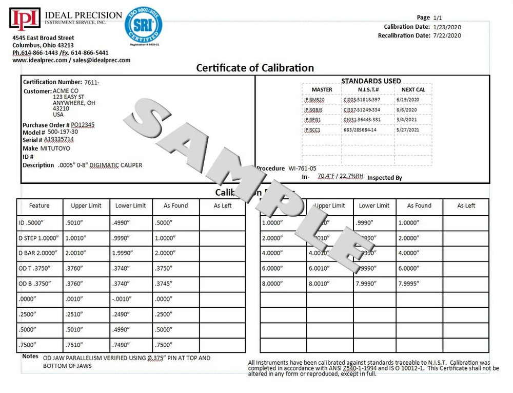 Optional Long Form Certification for Calipers up to 12" (Add-on Service)