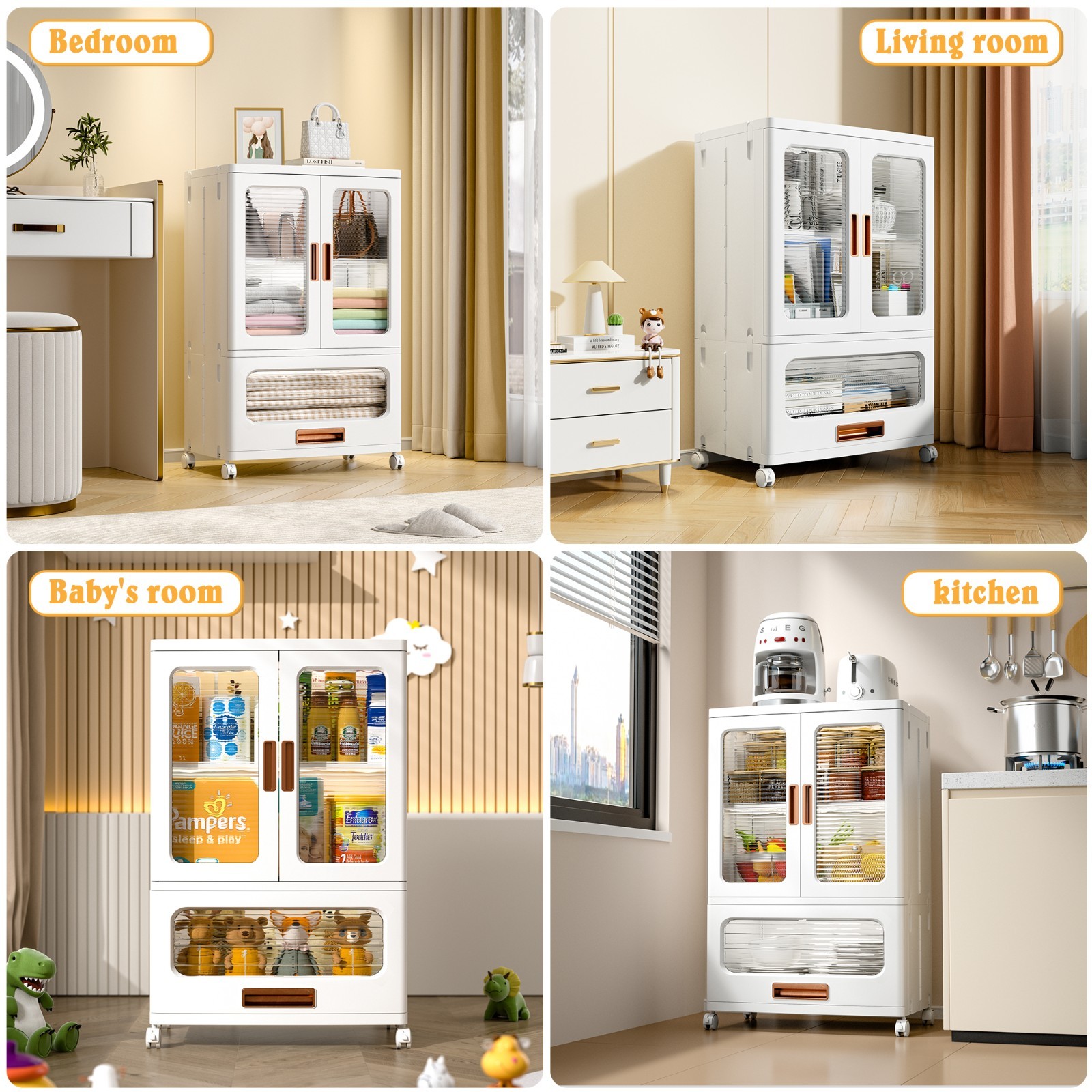 Rolling Plastic Storage Cabinet with Doors Drawer and Adjustable Shelves Bedroom