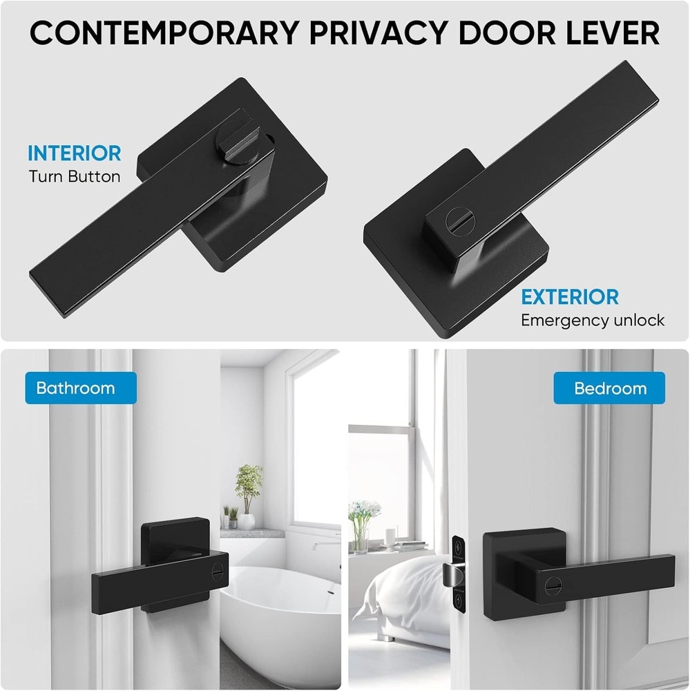 5 Pack Matte Black Privacy Door Handles Square
