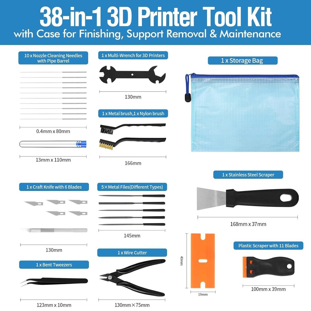 38PCS 3D Printer Tools, 3D Printer Tool Kit with Nozzle Cleaner, Scraper, Files,