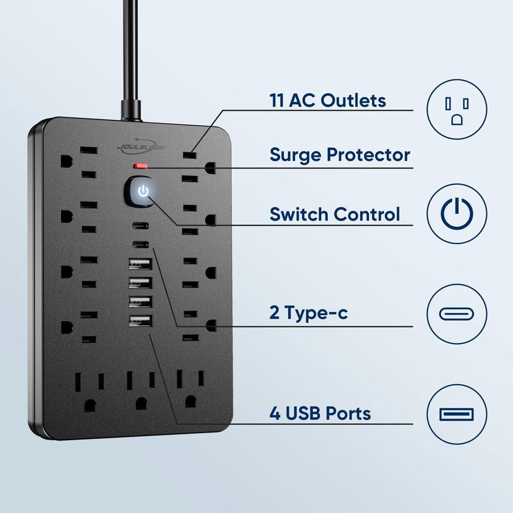 6 FT Flat Plug Surge Protector Power Strip,11 Multiple AC Outlets with 6 USB ...