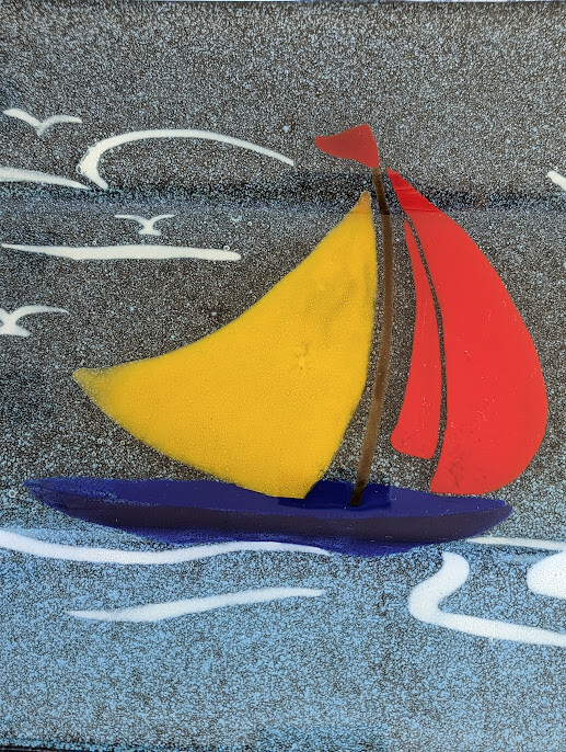 Fused Glas Sailboat Rectangle Platter Serving Tray