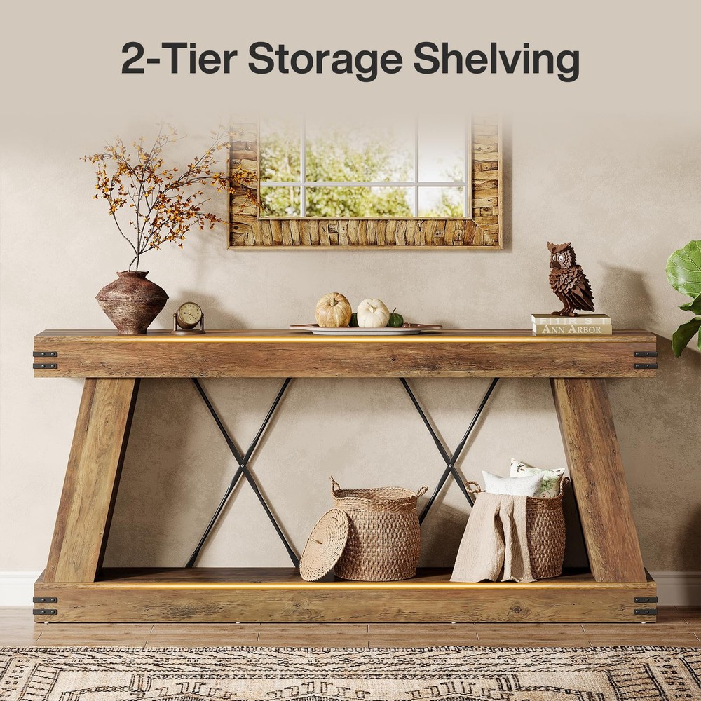 70.9" Farmhouse Console Table, Long Sofa Table Behind Couch with Storage, Nar...