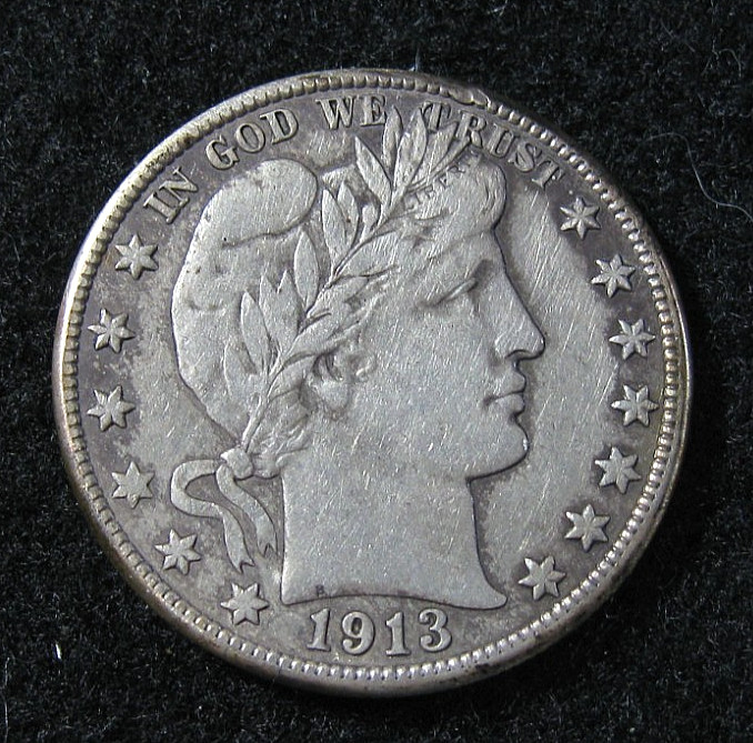 1913 D  - BARBER HALF  50c  -  VF  Cleaned  -  Silver