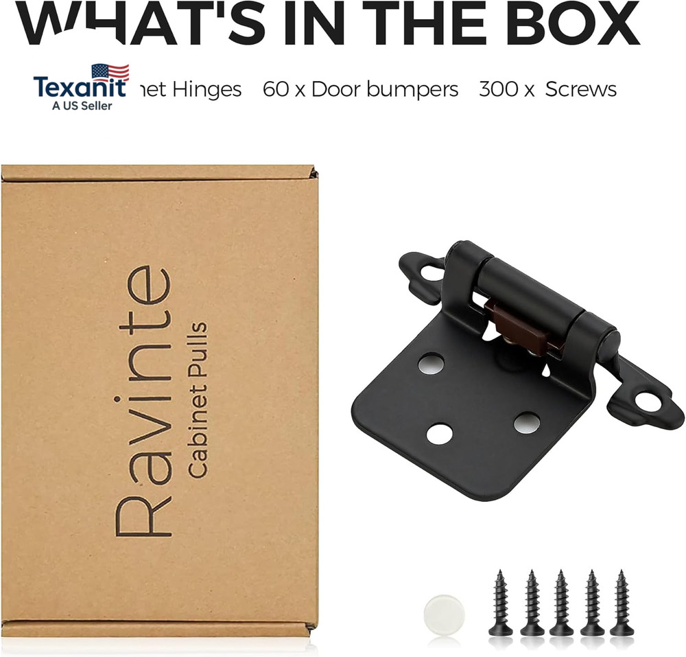 60 Pack (30 Pairs) 1/2" Overlay (Variable) Cabinet Hinges, Self-Closing Semi-Con