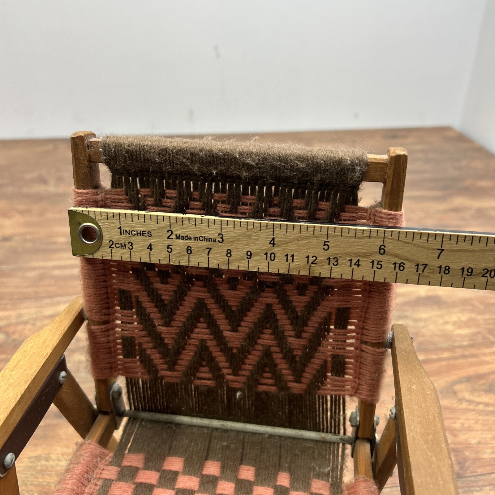Macrame Wooden Folding Baby Doll Chair Vintage Handwoven Brown Pink ** DOLL SIZE