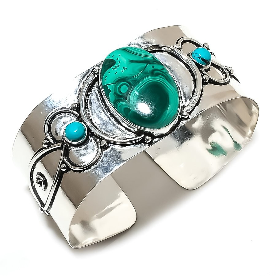 Malachite, Turquoise Gemstone 925 Sterling Silver Cuff Bangle Adjustable c041