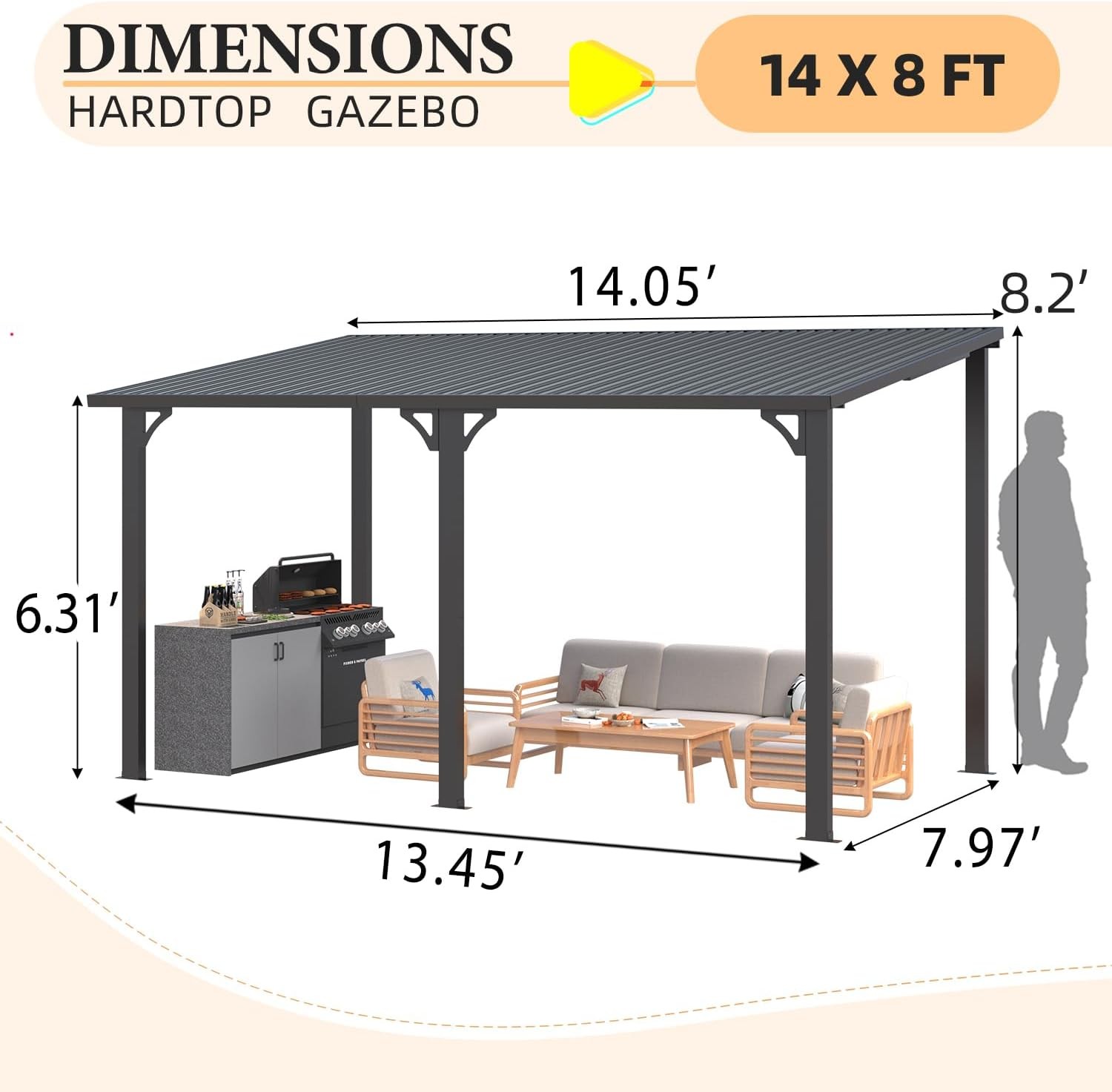 Galvanized Steel Hardtop Lean-to Gazebo Patio Pergola Awning