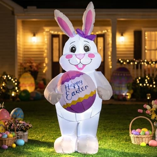 4FT Easter Inflatable Bunny with Egg Outdoor Decoration,Easter Blow Up Yard