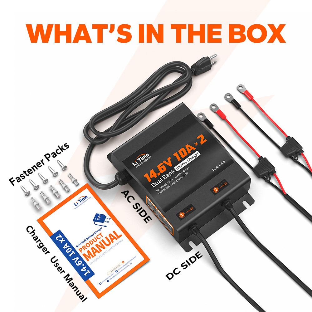 LiTime 2 Bank 12V(14.6V) 10A Smart Battery Charger for LiFePO4 Lithium Lead Acid