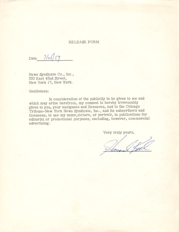 HOWARD KEEL - DOCUMENT SIGNED 07/28/1959