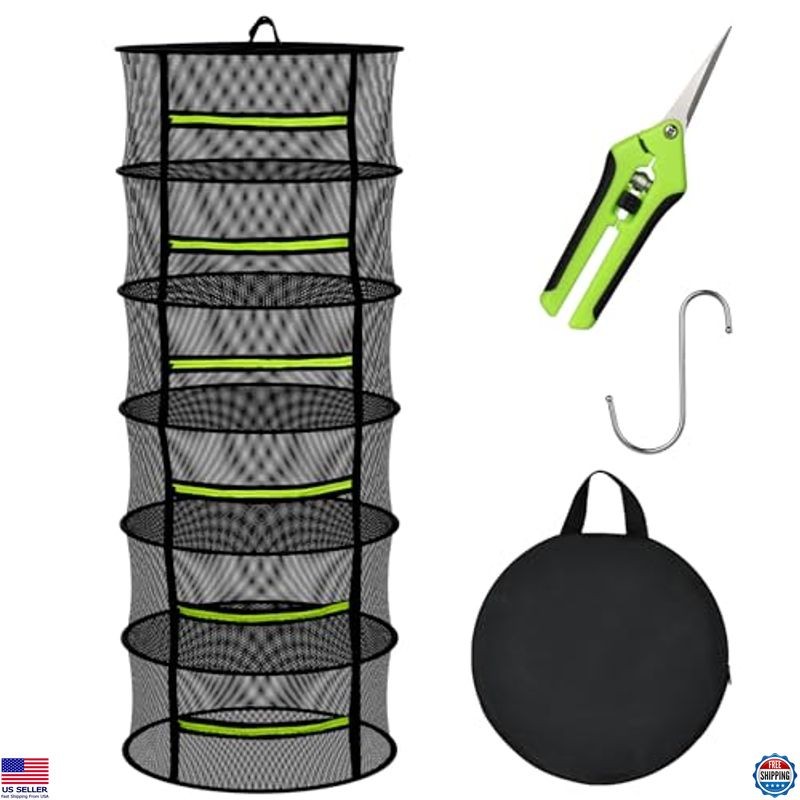 6-Layer Herb Drying Rack with Mesh, Green Zipper & Pruning Shears - Versatile