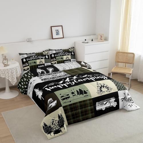 Camping Camper Size Comforter Set,RV Inside Decor Rustic Full Camping 06