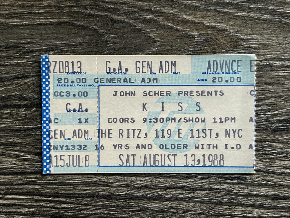 KISS TICKET STUB The Ritz NYC Aug 13 1988 Crazy Nights Concert Tour Vintage Kiss