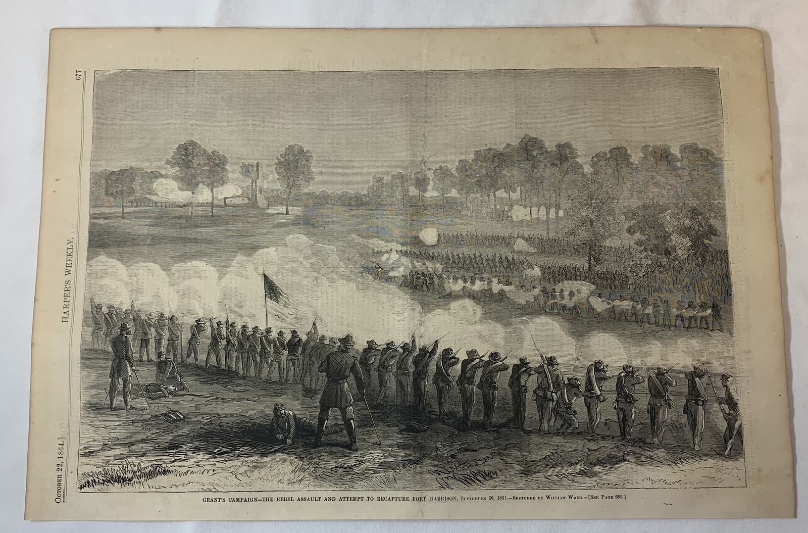 1864 magazine engraving~ 11x16 ~REBEL ASSAULT TO RECAPTURE FORT HARRISON
