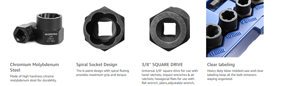 WORKPRO 15PCS Impact Bolt&Nut Remover Set 3/8" Drive Bolt Extractor with Adapter