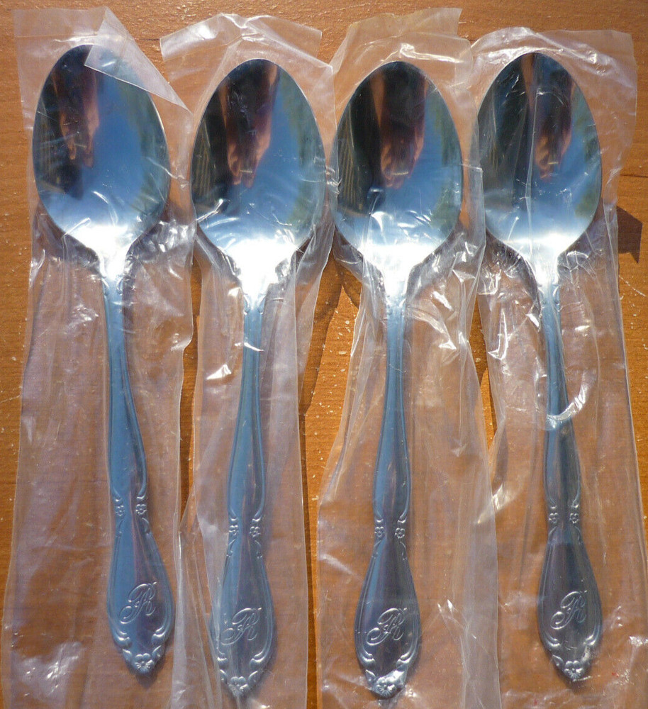 (4) Rogers Kenwood Korea CUS11 Stainless Flatware Monogram R Dinner Spoons