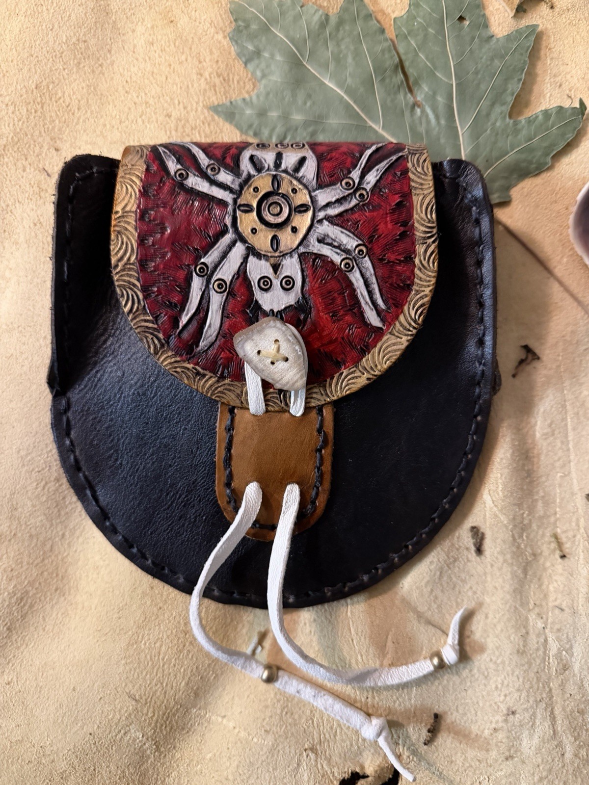 Cherokee Water Spider Bag Leather Tooling Native Made Hip Pouch