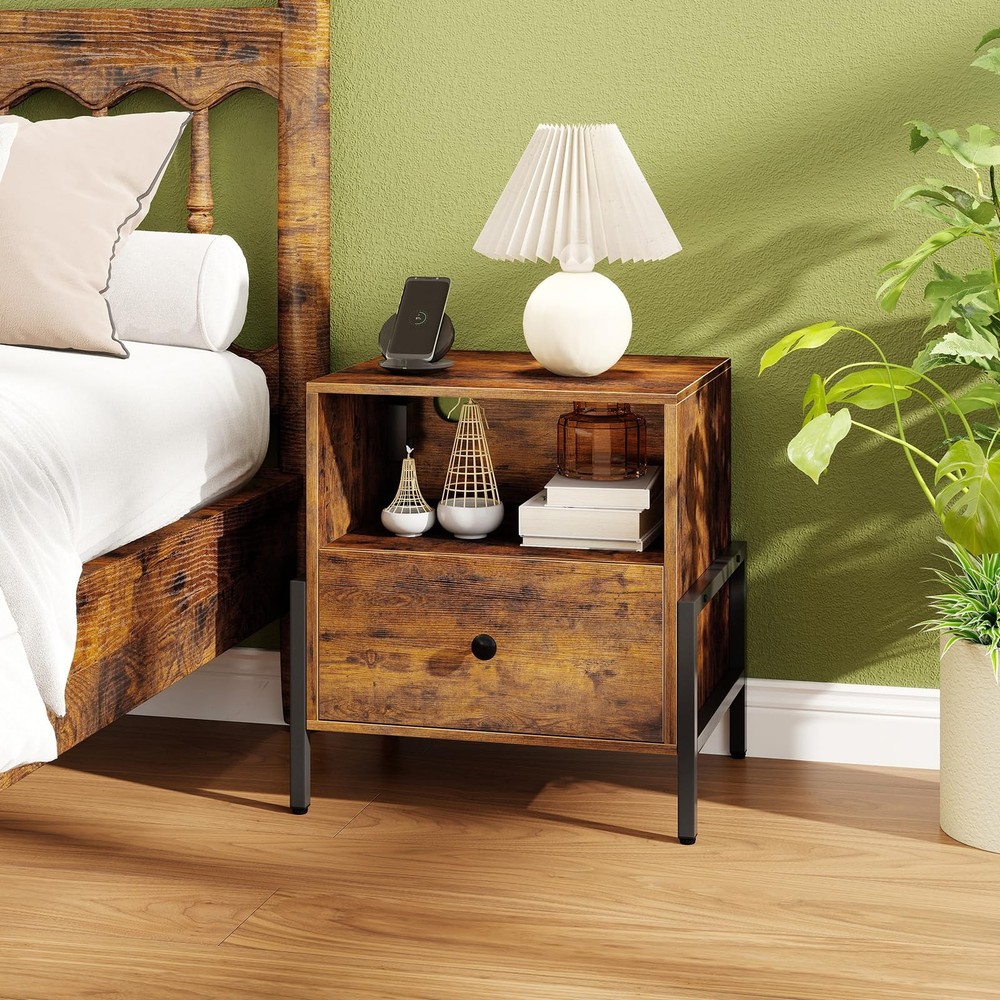 Rustic Brown Nightstand with Charging Station & Storage Shelf