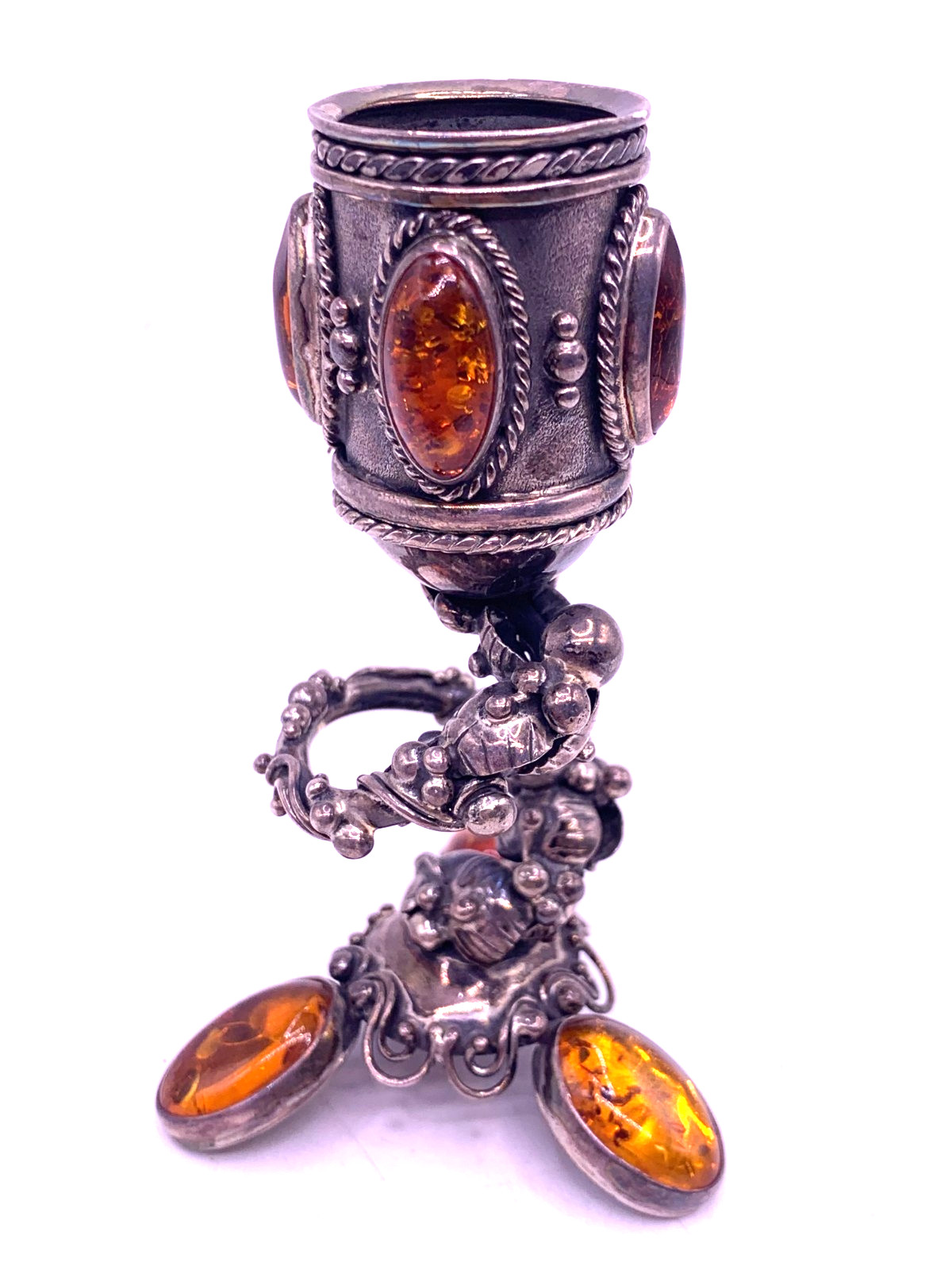 Rare Sterling Silver Candle stick Holder with Baltic Amber Cabochons 88g Poland