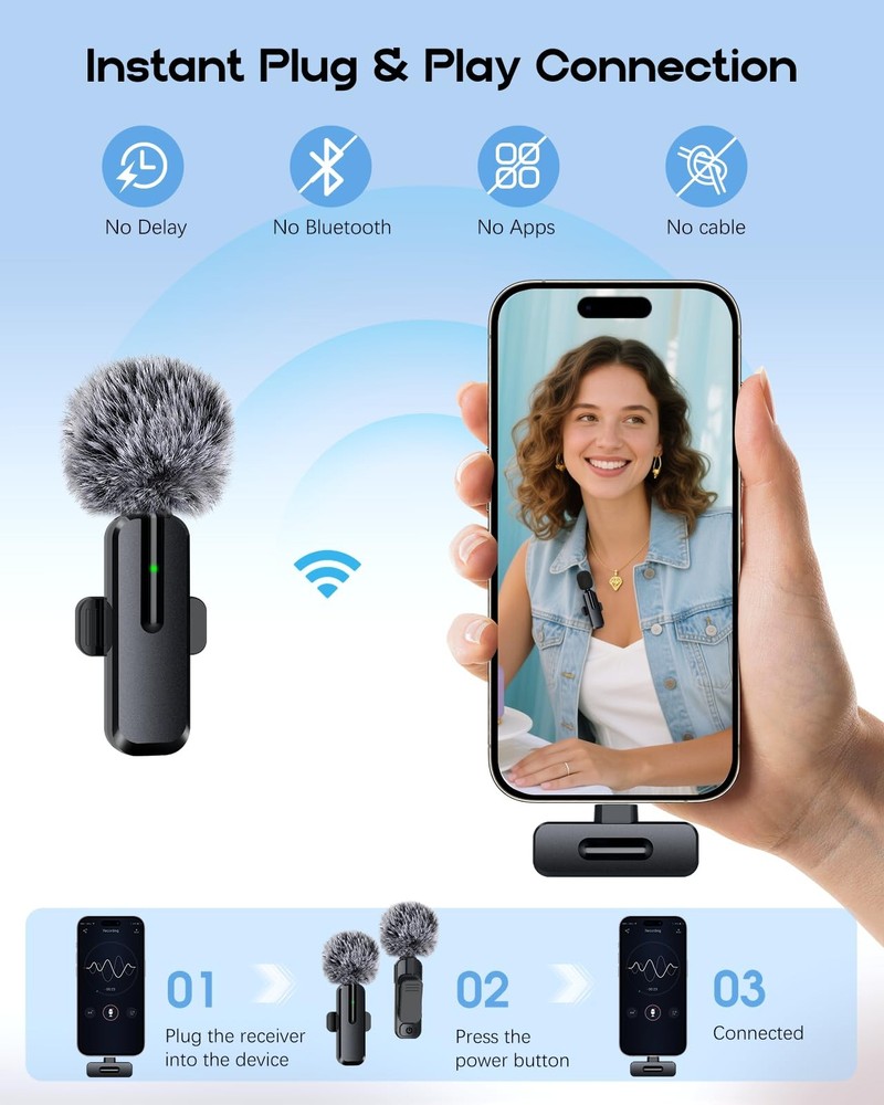 Wireless Mini Microphone for iPhone - 2 Pack Black-(USB-C + Lightning)