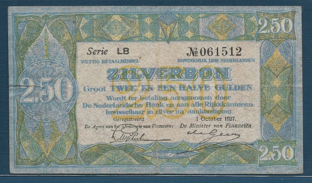 Netherlands 2.5 Gulden Silver note, 1927, P 20, VF+