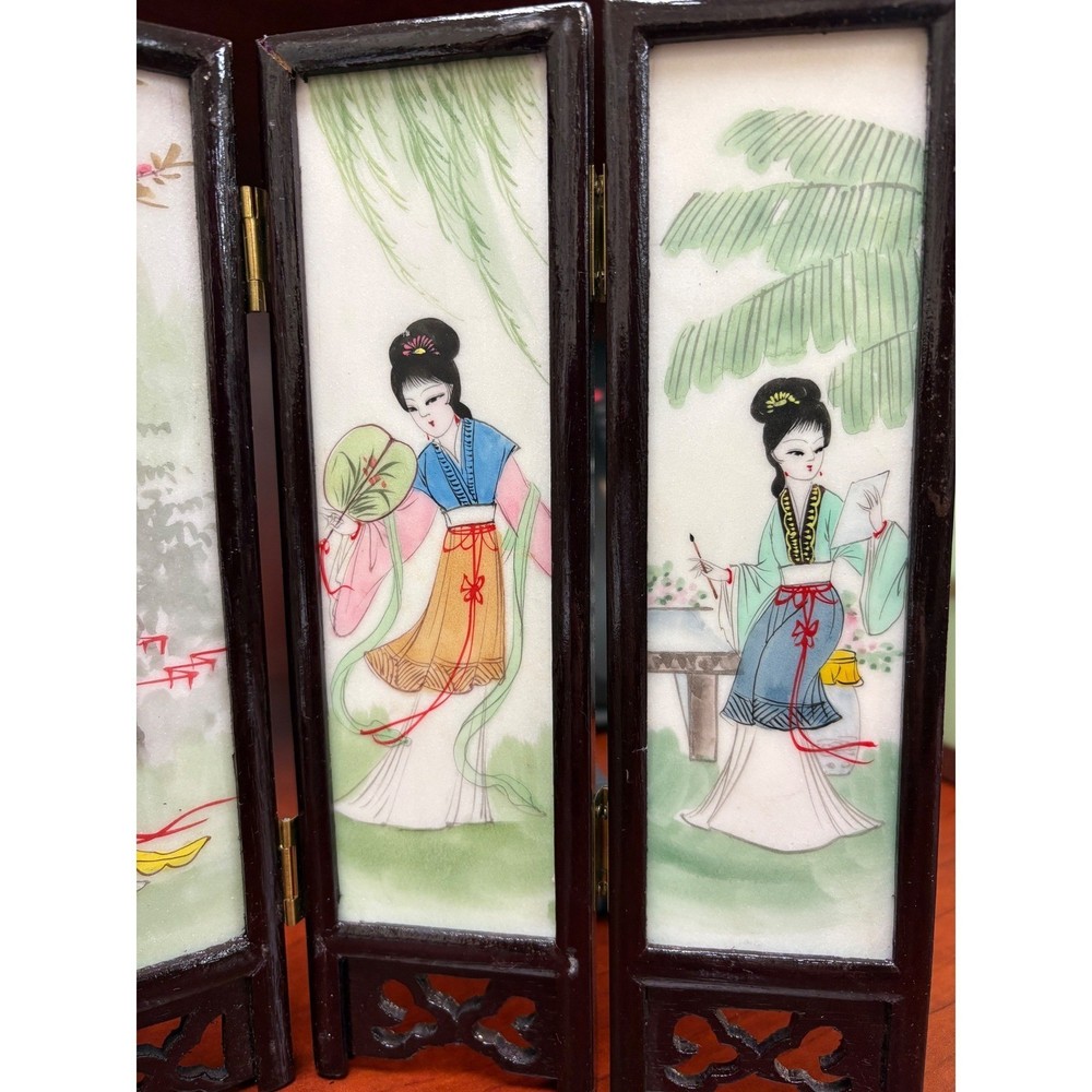 Vintage Chinese Marble Panel Folding Table Screen 5 Panel Wood Frame