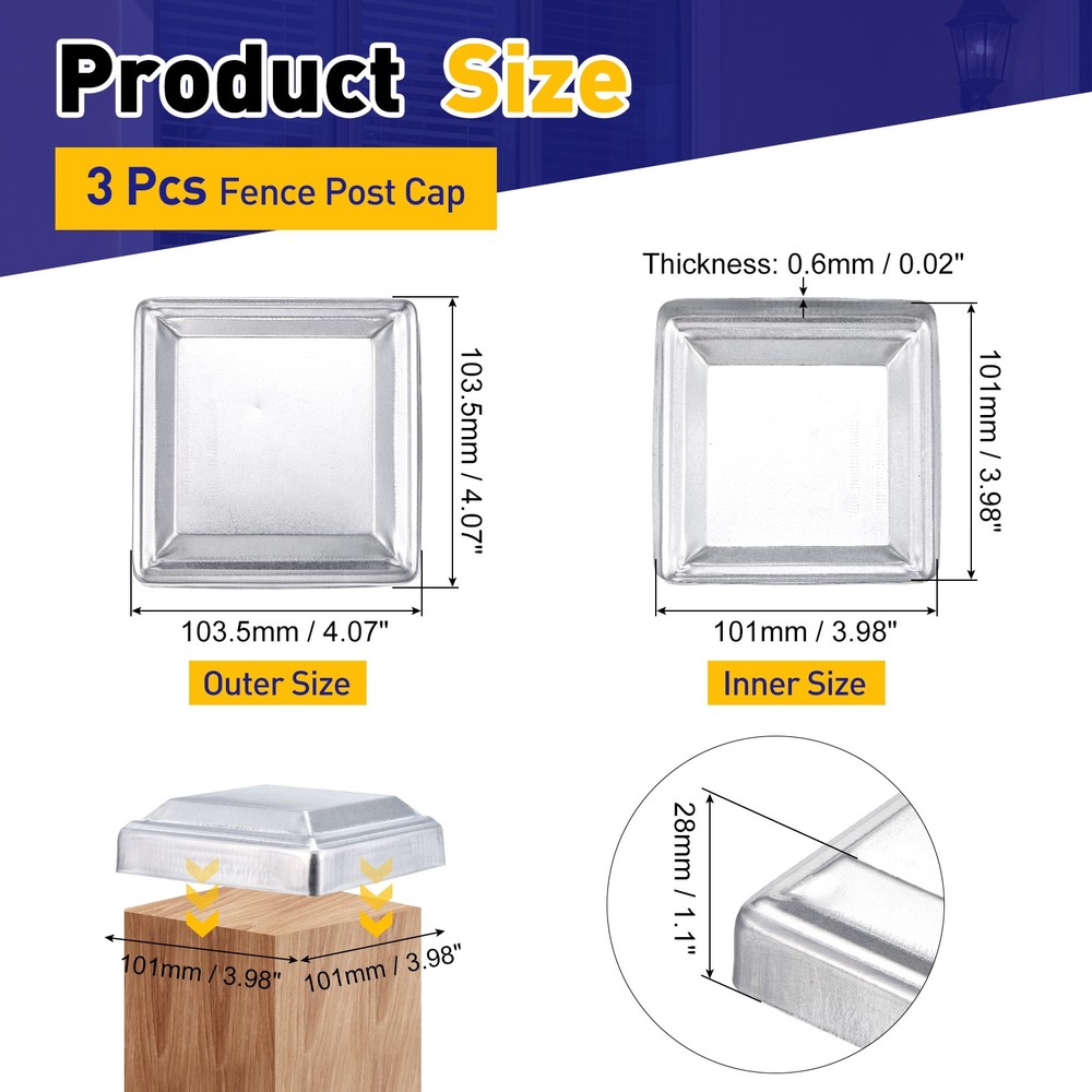 3Pcs Fence Post Cap, Galvanized Deck Post Caps Fit 4" x 4" Pipe, Silver