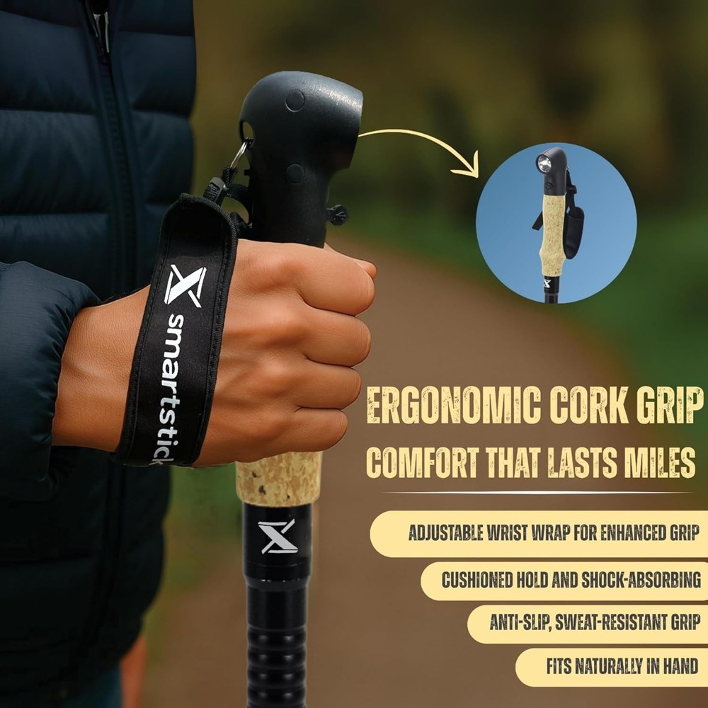 Collapsible Tactical Walking Stick with LED Light, USB Charging, Cork Grip