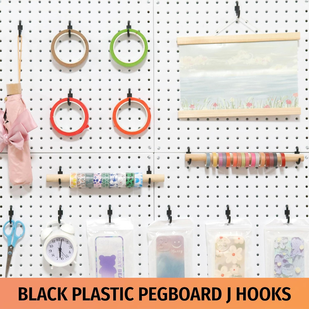 Pegboard Plastic Hooks, Designed for 1/4" Metal Pegboard Panel, Black, 100PC