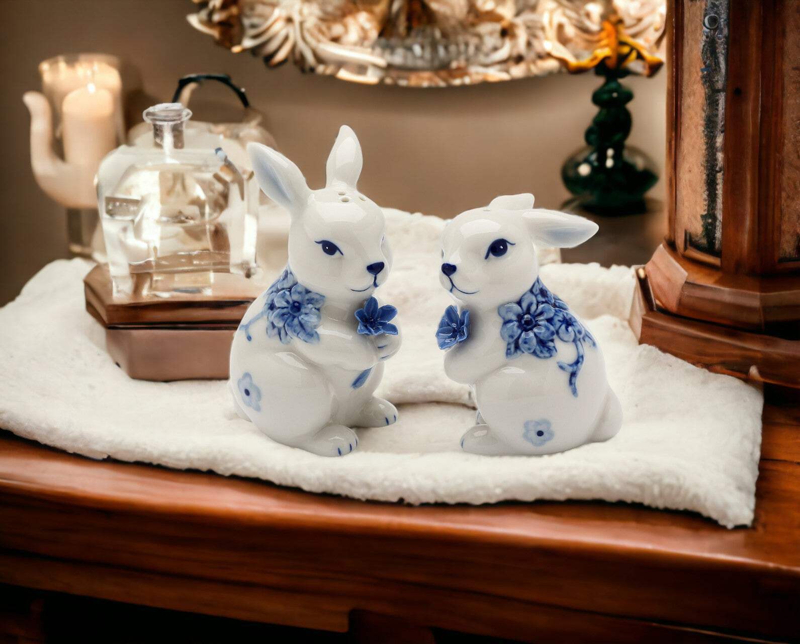 Ceramic Easter Bunny Rabbits with Blue Flowers Salt and Pepper Shakers, Gift for