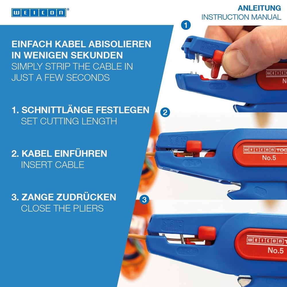 WEICON TOOLS Wire Stripper No. 5, automatic wire stripper 0.2-6 mm², Blue/Red