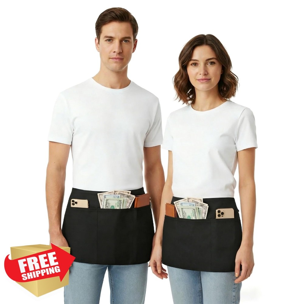 BOHARERS 6 Pack Server Apron 3 Pockets Black Waitress Half Bistro Waterproof