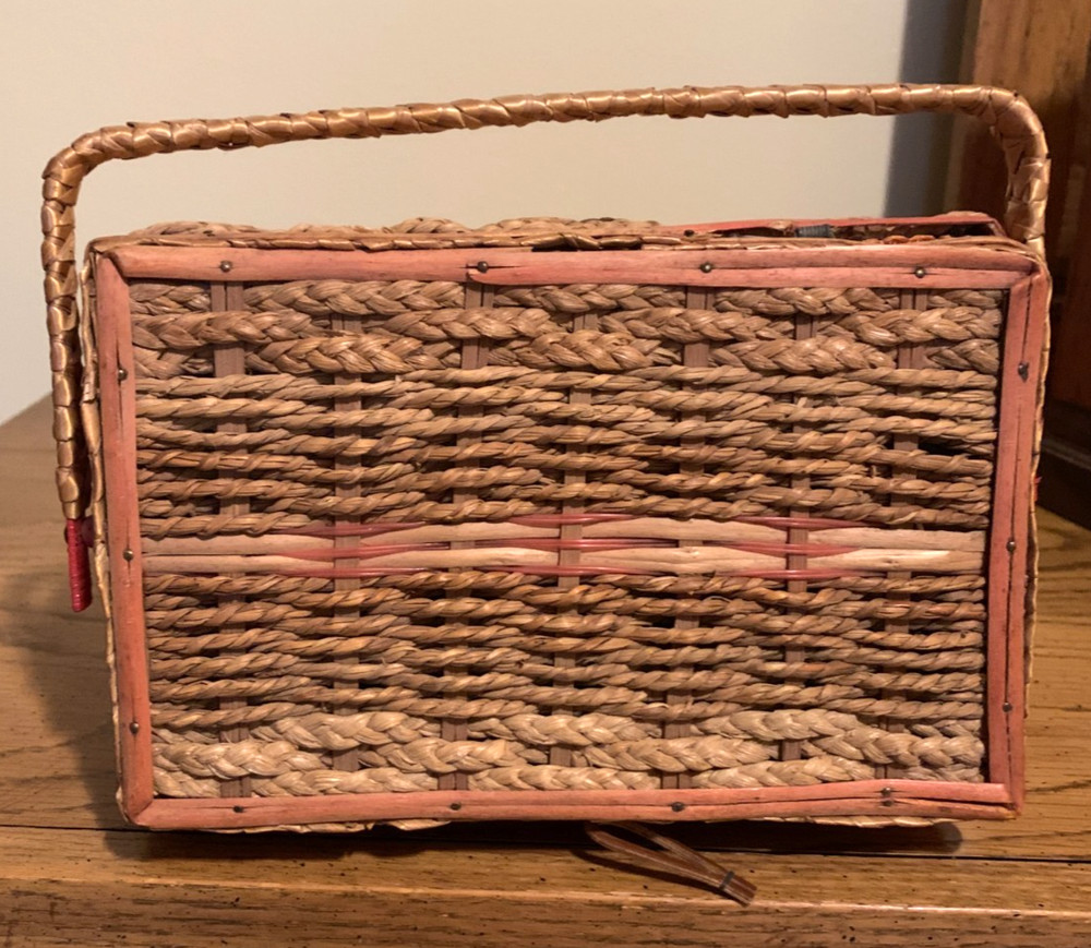 Sewing Basket- Braided Wicker w/Pink Interior