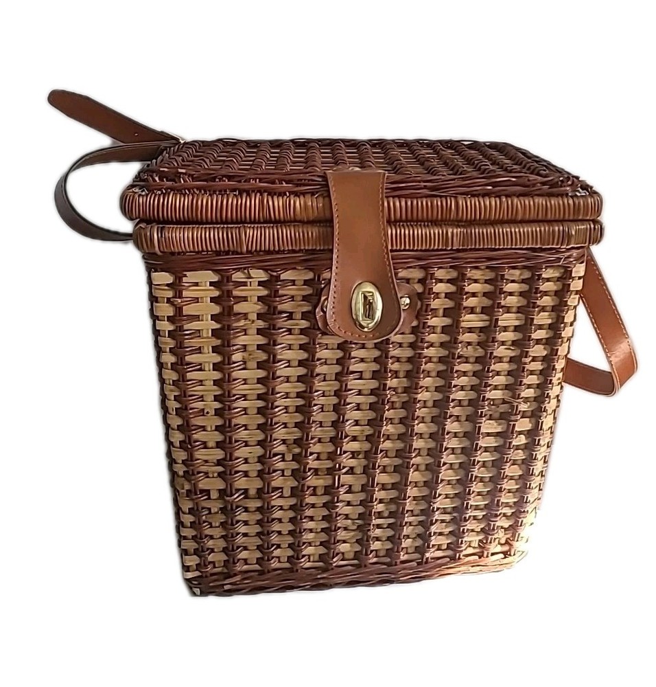 RATTAN BIG PICNIC WINE HAMPER WITH ADJUSTABLE BROWN STRAP BLUE STRIPE INSIDE EUC