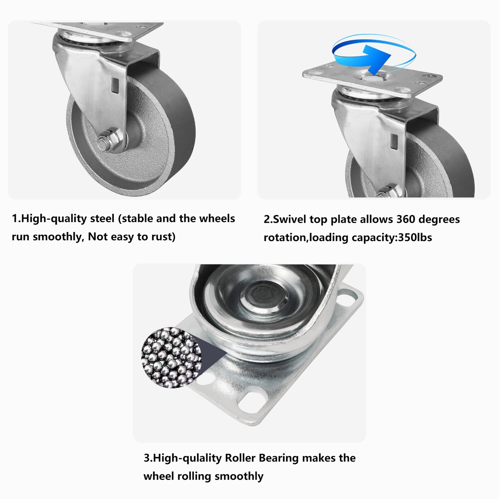 Syration's 3inch Industrial small Casters,Steel plate Casters set of 4(4 Swivel)