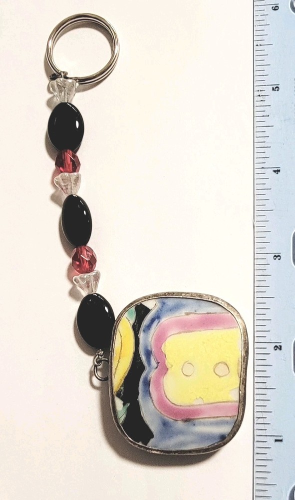 Abstract Ceramic Glazed Keychain Beaded Vibrant Boho Artisan Crafted Keyring