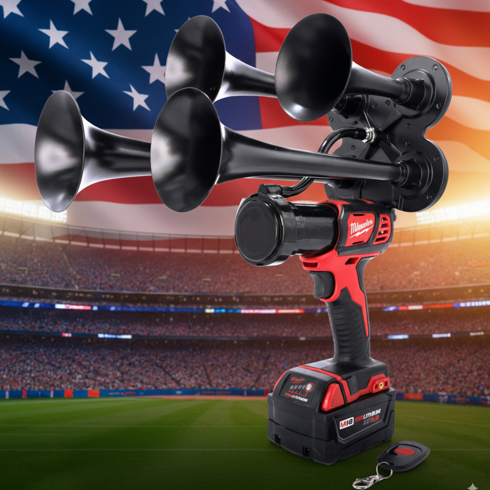 Milwaukee M18 Impact Train Air Horn + 2 Remote Controls| Quad Trumpet Train Horn