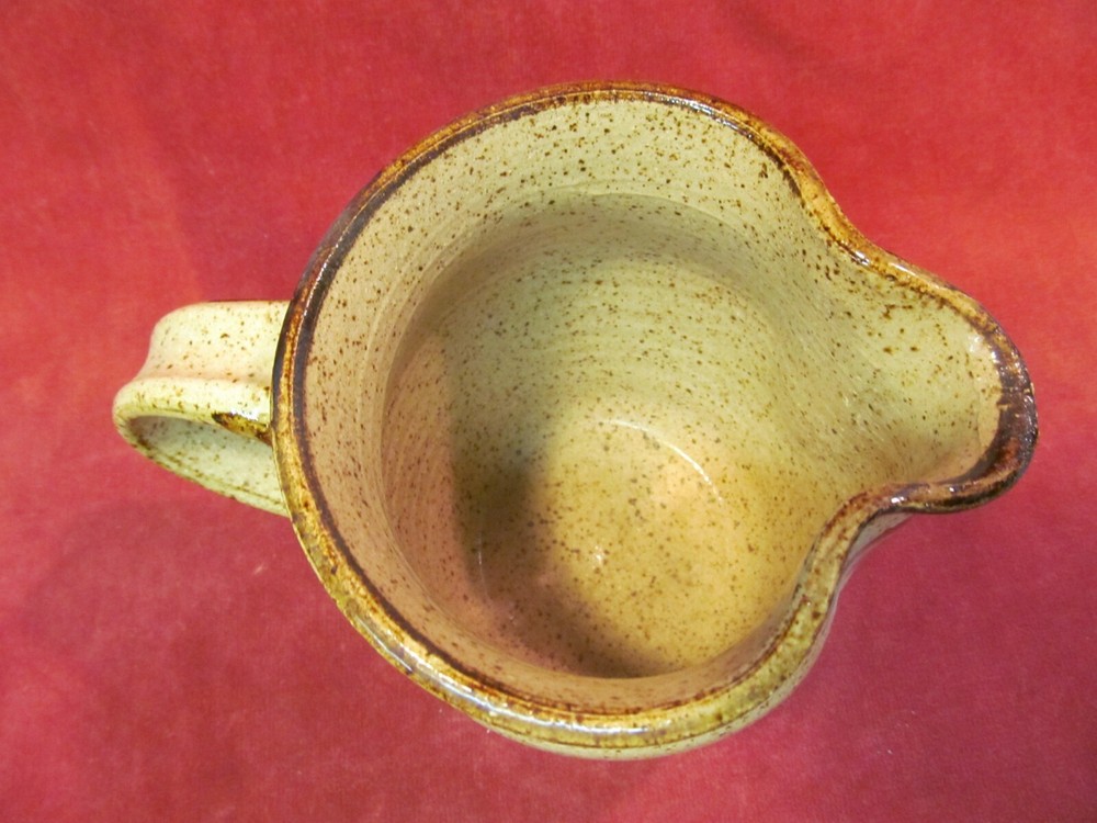 5" BROWN SPECKLE STUDIO POTTERY PITCHER WITH PAINTED PINECONE