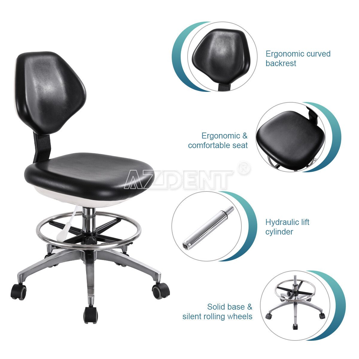 Dental Dentist Doctor Assistant Stool Adjustable Height Mobile Chair PU Leather