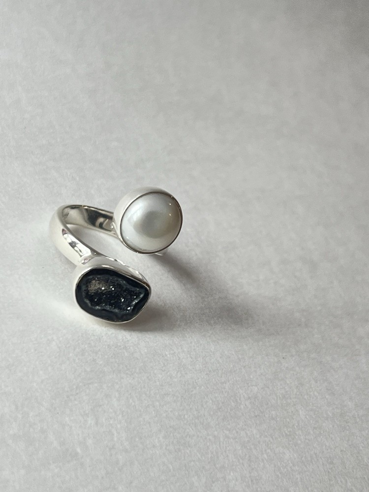 Pearl & Geode Adjustable Ring 925 Sterling Silver Size 7