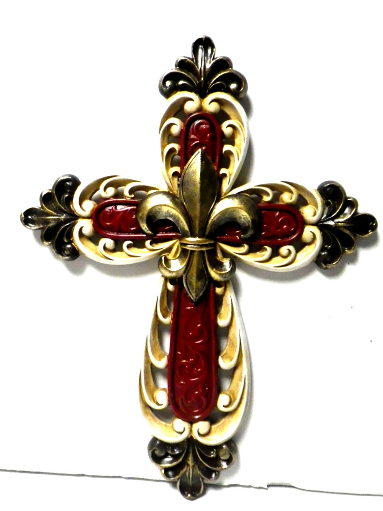 Rustic French Fleur De Lis Scrollwork Red Gold White Wall Cross