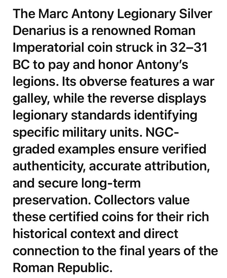 Marc Antony 30BC Silver Denarius Roman Imperatorial Legion NGC Graded Certified