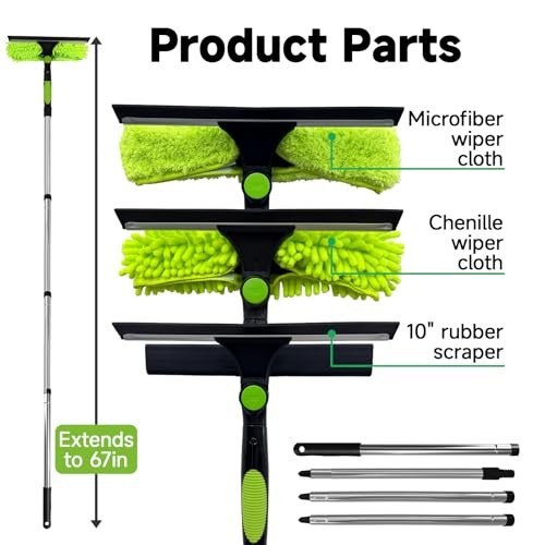 67" Window Squeegee with Extension Pole, 2-in-1 Cleaner Tool for High Windows, S