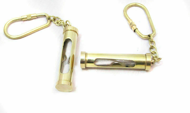 2 x Solid Brass Mini Maritime Sand Timer Key Chain Ring Nautical Pirate hourglas