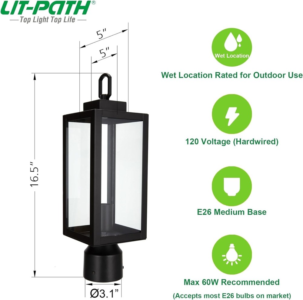 LIT-PaTH Outdoor Post Lighting Fixture with E26 Medium Base Max 60W, Metal...