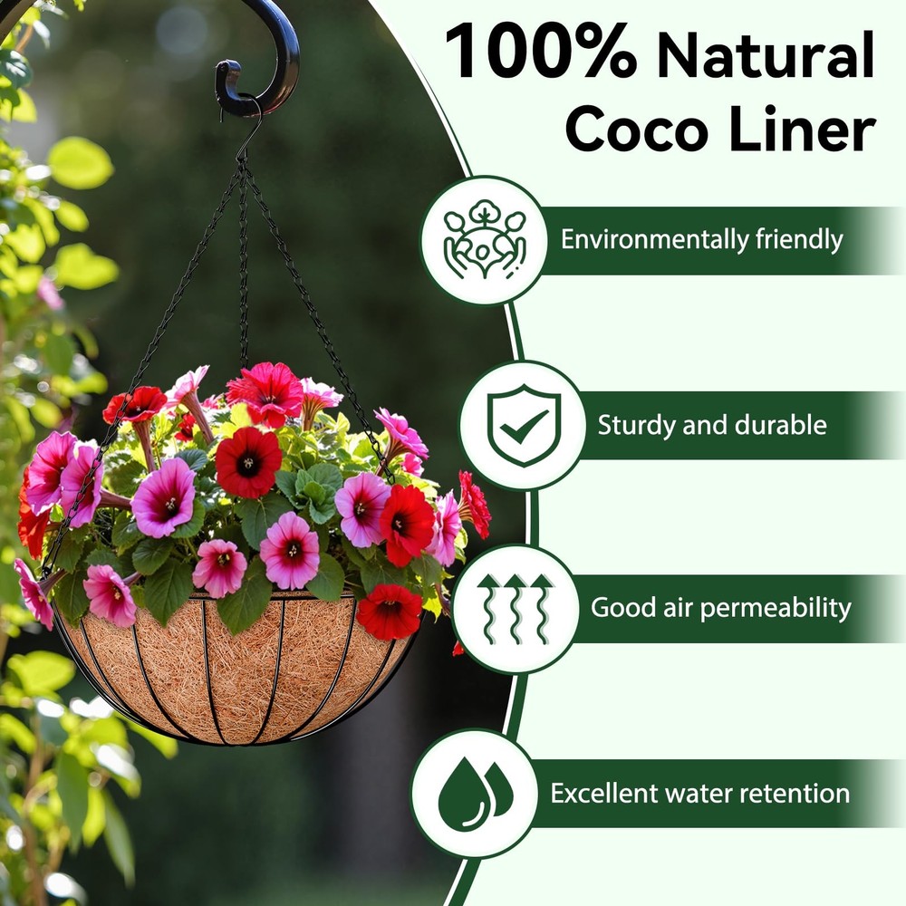 4 Pack 18 Inch Coco Liners for Hanging Baskets, Round Coconut Liners for Plan...