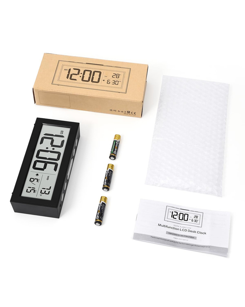 Battery Powered Digital Clock, LCD Digital Clock with Date & Temp Display, 5 Ala
