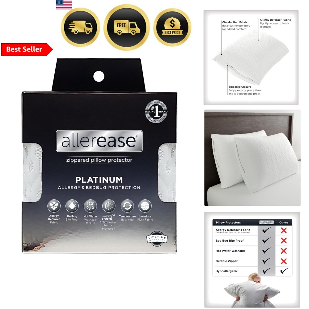 Allergy Bed Pillow Protector Queen Size Breathable Dust Mite Bedbug Proof