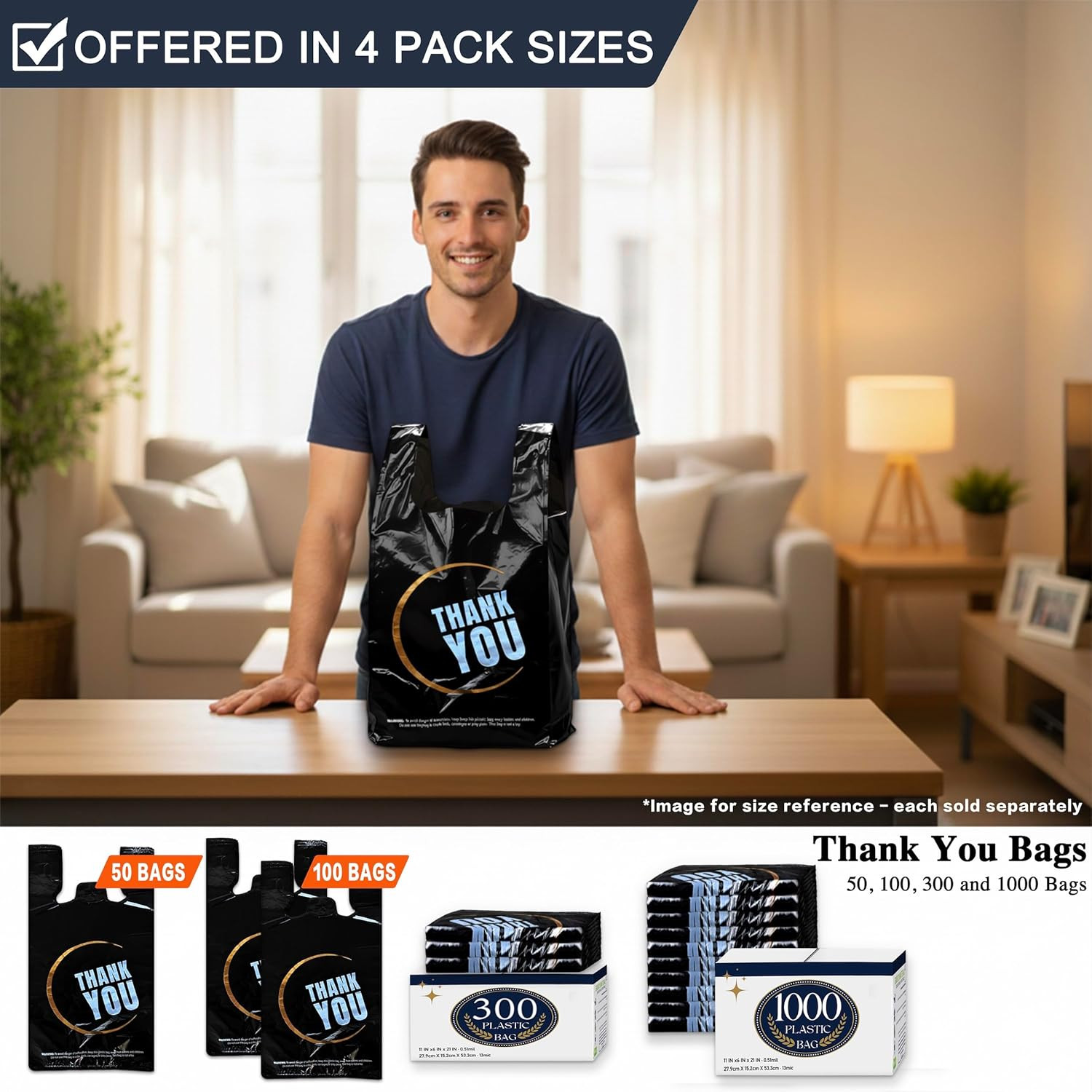 100 Count Plastic Bags - Black T Shirt Bags with Handle for Retail Shopping and